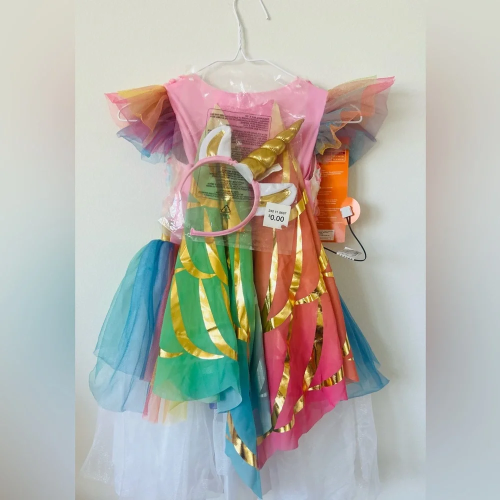 ❤️New Vibrant Floral Kids Dance Costume with Gold Waistband LIGHT-UP ~ UNICORN✨